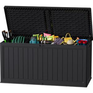 JUMMICO 270 Gallon Outdoor Storage Deck Box with Divider, Double Wall Storage Box with Lockable Lid for Garden Tools, Pools Supplies (Black)