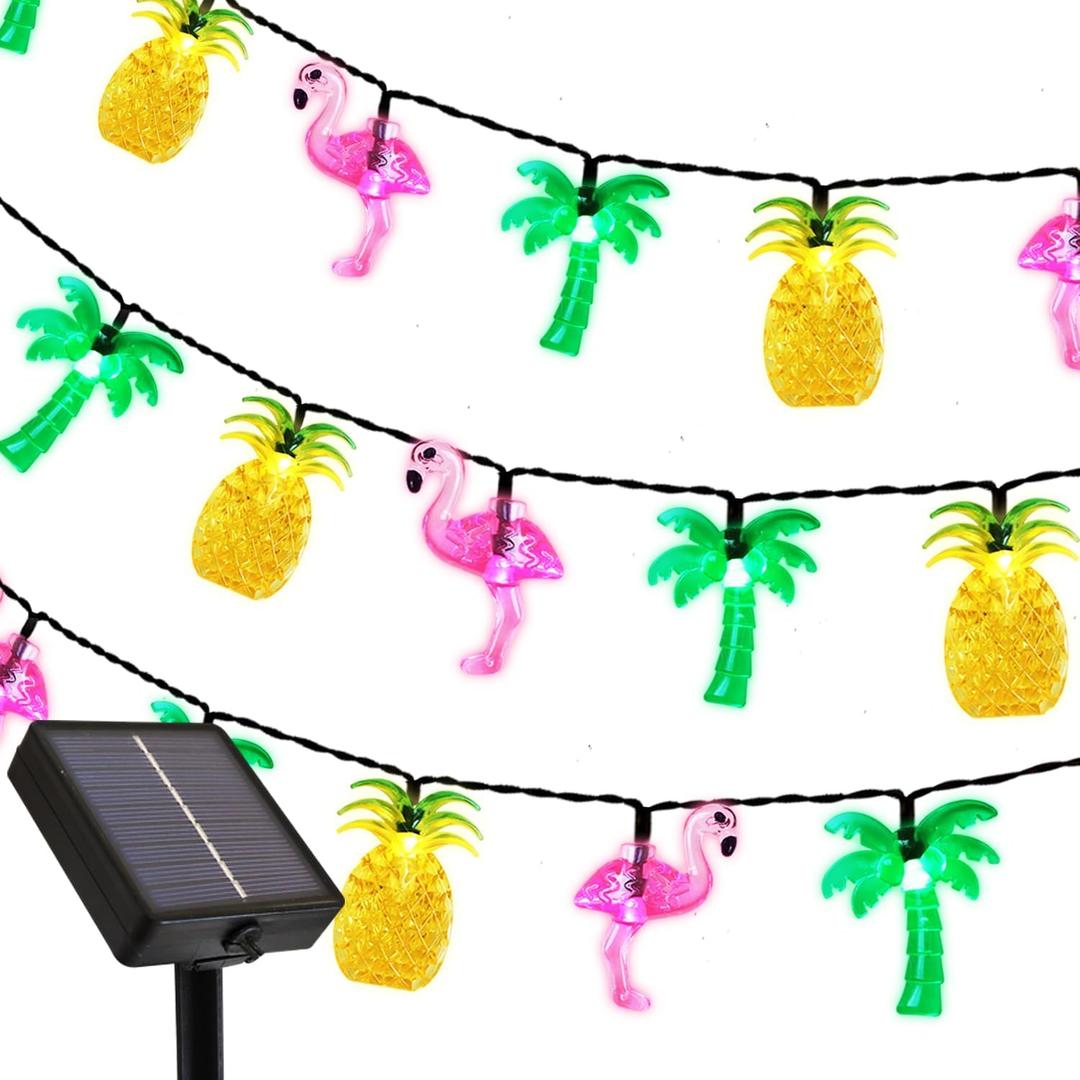 Curyidy Summer Tropical Party Decorations Hawaiian String Lights, 30LED Flamingo Pineapple Palm Tree Solar String Lights Outdoor, Beach Themed for Pool, Love Island, Luau Party Decor