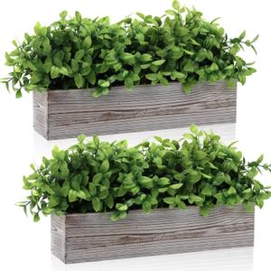 Lyrow Pack of 2 Artificial Eucalyptus Plant in Rustic Rectangular Wooden Planter Box Plants for Home Indoor Faux Potted Arrangement for Gifts Wedding Decor (Wooden Color Box, 16.1 x 3.7 x 8.7 '')