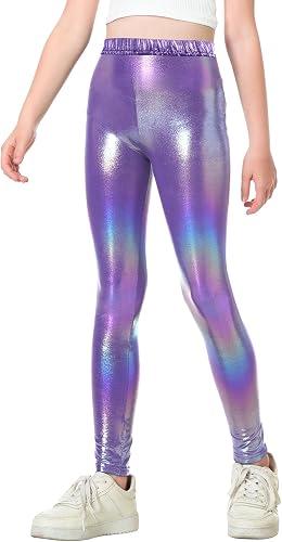 Gnainach Girls Metallic Leggings Stretch Comfort Shiny Mystique Dance Pants for Toddler Kids Teen Yoga Party Workout, 110, Purple 