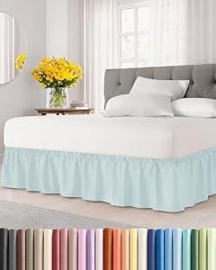 Wrap Around Dust Ruffle Bed Skirt - Ice Blue - for King Size Beds w/ 16 Inch Drop - Easy Fit Elastic Strap - Adjustable Pleated Bedskirt with Brushed Fabric - Wrinkle Free - Women, Men, Kids & Teens