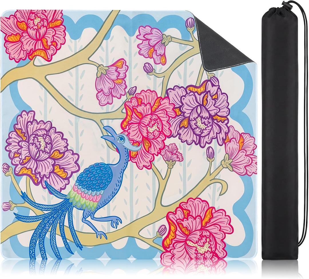 Drydiet Mahjong Mat with Carrying Bag 31.5" x 31.5" Non-Slip Noise Reduction Peacock Flowers Table Mat American Mahjong Table Item for Poker Board Dominoes Card Game Night Supplies Gift
