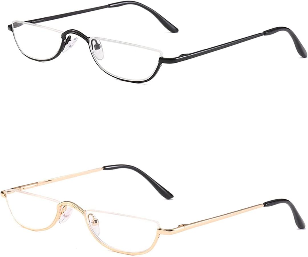 REAVEE 2 Pack Retro Designer Half Moon Reading Glasses for Women Men Spring Hinge Half Frame Readers Stylish Slim Eyeglasses with Pouch, Gold and Gun Grey 1.0