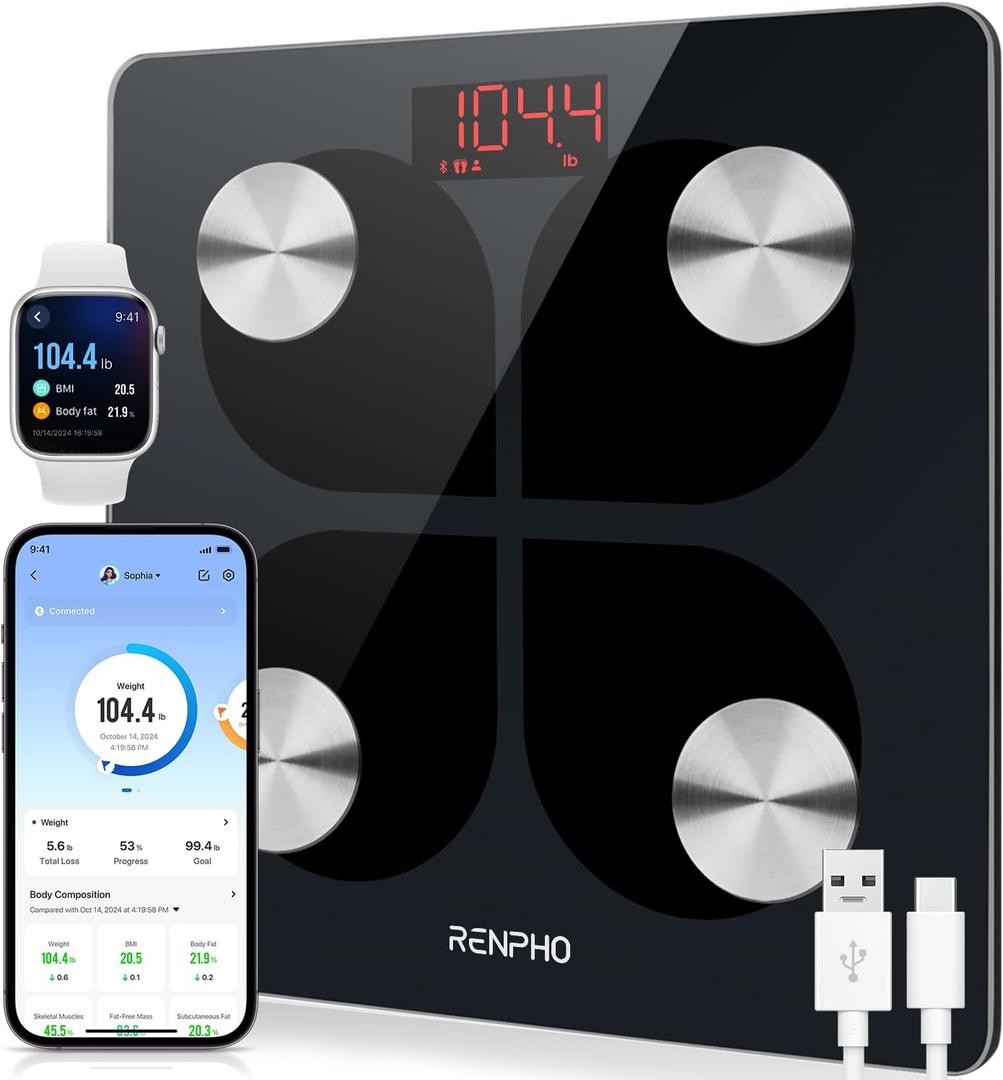 RENPHO Rechargeable Smart Scale, Digital Weight Scale for Body Weight, Bathroom Scale with BMI and Body Fat, FSA HSA Eligible, Body Composition Monitor with Smartphone App, 396 lbs, Elis 1