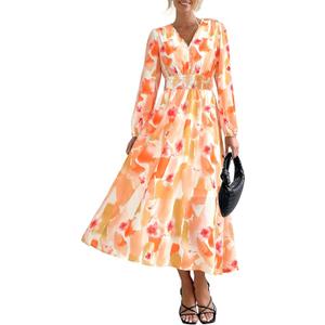 PRETTYGARDEN Women's Floral Midi Dress Casual Fall V Neck Long Sleeve Flowy Spring Beach Wedding Guest Vacation Dresses (Pink, L)