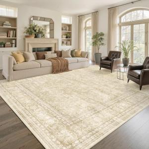 8x10 Ft Large Area Rugs for Living Room, Soft Non-Slip Machine Washable Rug, Vintage Stain Resistant Carpets for Bedroom Nursery Dining Room Home Decor (Beige)