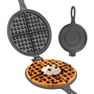 Cast Iron Waffle Maker for Stovetop or Camping Grill Two Piece Hinged Non Electric Waffle Iron Makes 8" Round Waffles