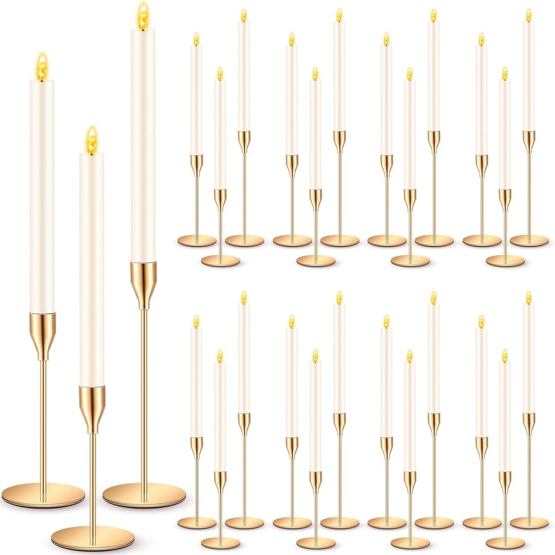 FillTouch 30 Pcs Gold Candlestick Holders with Flameless LED Candles Bulk Includes 15 Metal Candle Holders 15 Ivory Battery Operated Taper Candles for Wedding Valentines Table Centerpieces Home Decor