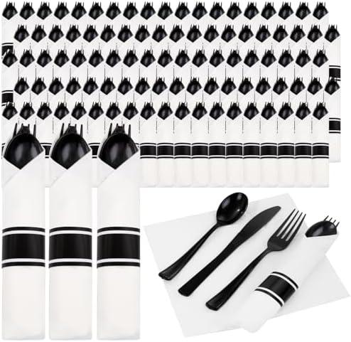 Supernal 120 Pack Black Plastic Silverware,Rolled Silverware Disposable,Pre Wrapped Black Silverware,Rolled Plastic Silverware,Wrapped Plastic Cutlery Set with Napkin,Plastic Silverware Heavy Duty