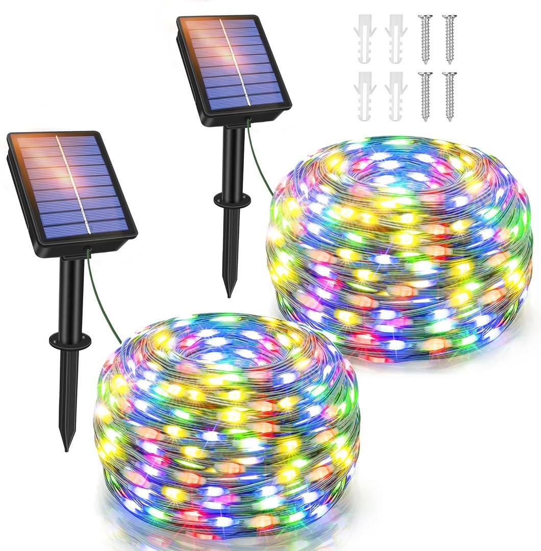 Ollny Solar String Lights Outdoor, 2 Pack Total 80FT 240LED Solar String Lights, 8 Modes IP67 Waterproof Fairy Lights for Outside Yard Garden Holiday Xmas Decorations, Multicolor