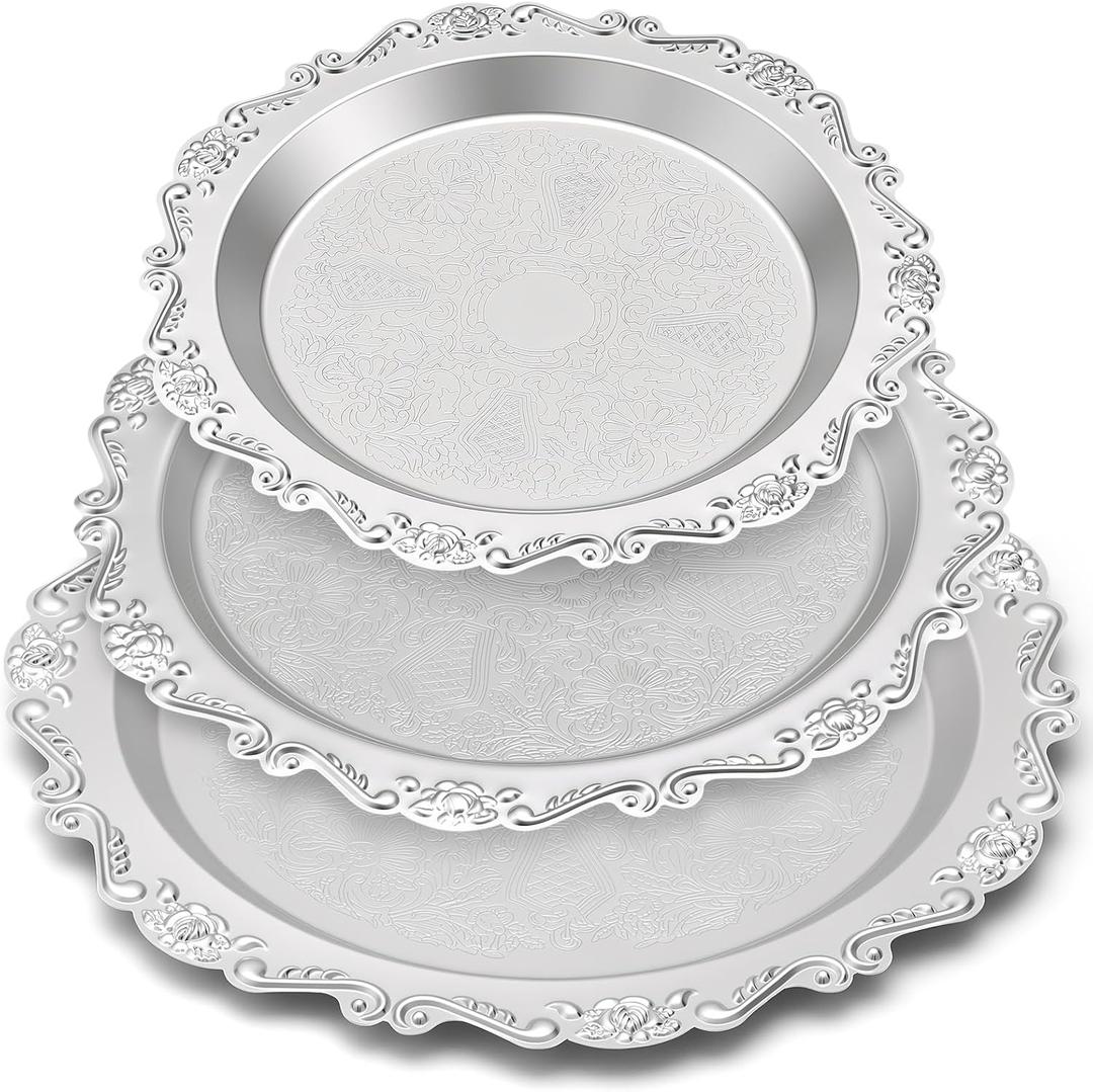 Rtteri 3 Pack Silver Serving Trays Set 8''/10''/12'' Vintage Embossed Round Coffee Table Platters Party Decor Metal Plates Silver Plated Ornate Jewelry Display Plates for Wedding Dessert Snacks Fruit