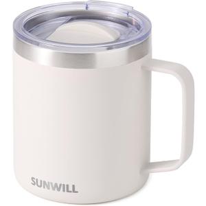 SUNWILL Travel Coffee Mug with Lid, Insulated Tumbler with Handle, 14 oz Stainless Steel Cup for Home, Office, Camping, Powder Coated Cream