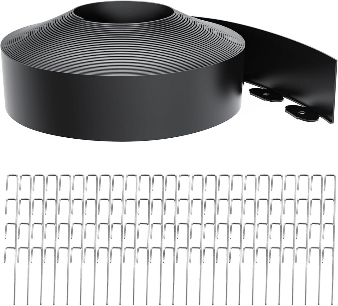 Landscape Edging 4 Inch Tall 80FT with 100Pcs Metal Spikes, Plastic Garden Edging Border Landscape Edging Border Lawn Edging for Landscaping, Flower Bed, Yard (Black)