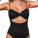 CUPSHE Women's One Piece Swimsuit Sexy Black Cutout Scallop Trim Bathing Suit (Large)