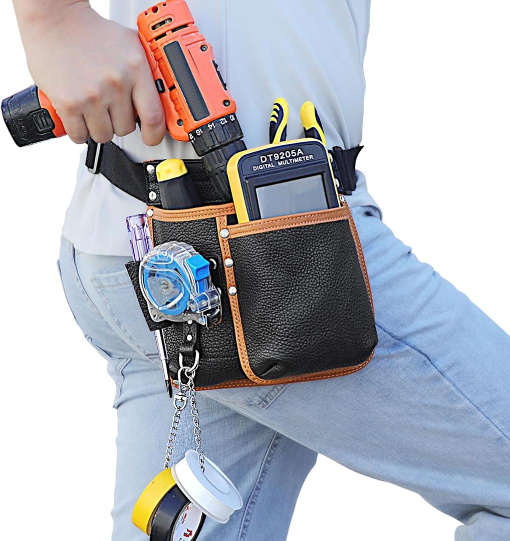 Tool Belt,Genuine Leather Tool Pouch,Detachable & Adjustable Single Side Tool Belt Pouch for Electrician,Carpenter,Construction,Work Apron,Utility Belt.