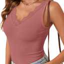 LYANER Women's Lace Trim V Neck Camisole Top Ribbed Knit Basic Cami Tank Sleeveless Undershirt Tops (L)