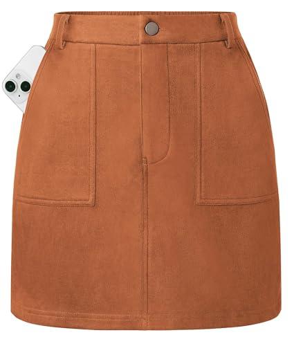 Kate Kasin Women Suede Mini Skirt, Fall Winter High Waisted Pencil Skirt Dressy Casual Holiday Office Work Skirts with Pockets, Belt Loops, Elastic Back Waist, Above the Knee, 2026 Fashion Clohting, M