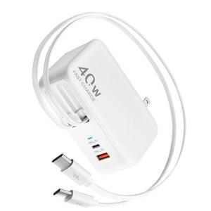 Retractable USB C Charger Wall Plug with 35.5in/90cm Type C Cables Cords,40W Fast Charging Foldable Block Multi Charger for All Devices for iPhone 17/16/15/14/13/12,iPad,Galaxy,Pixel