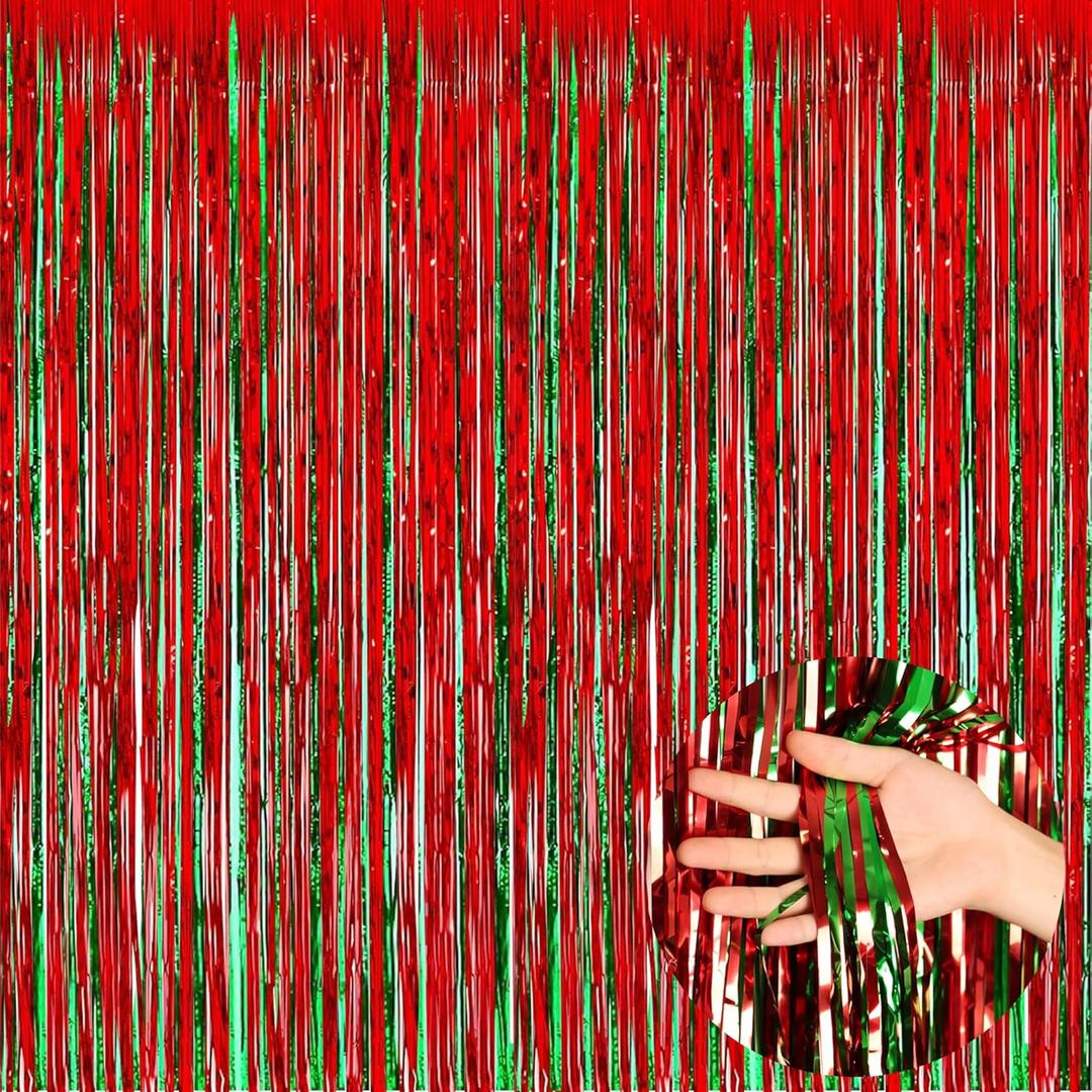 REGTEB 4 Pack Christmas Party Decorations Backdrop Foil Fringe Curtains 3.3 x 8.3 FT Red Green Tinsel Curtain Party Photo Backdrop Streamers for Birthday Xmas Holiday Party Decor Indoor