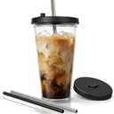 Reusable Iced Coffee Cup (16 Oz/Grande), Leak Proof and Double Wall Insulated Iced Coffee Tumbler, Come with Reusable Plastic and Metal Straws and Straw Cleaner - Black