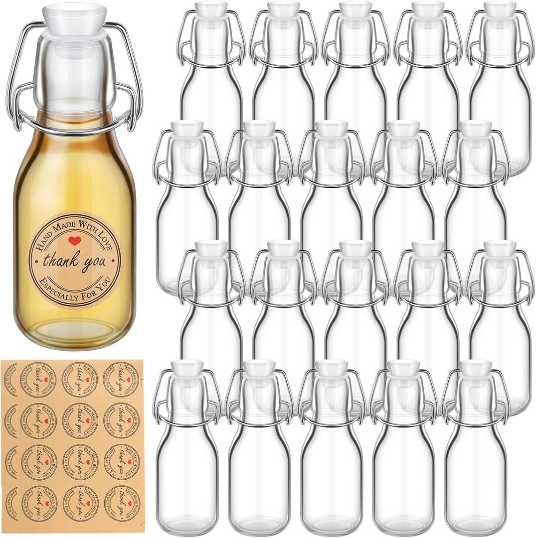 Queekay 20 Pcs Mini Flip Top Glass Bottle with Stoppers Decorative Swing Top Bottles with Lids Kraft Adhesive Round Stickers for Homemade Vanilla Extract Wedding Themed Party Favors(5.07 oz)