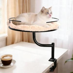 Cat Desk Bed - 360° Rotating & Adjustable Desk Cat Bed Attachment for Small Workspace, Supports 45 lbs, Washable Soft Thick Fur Mat, Large Kitten Nest Furniture for Office Desk Game Table