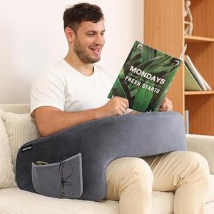 OMOTON Reading Pillow for Lap Desk, Upgrade Extra Large Gaming Pillow for Adult, Perfectly Fitting Your Body Memory Foam Arm Rest Pillow for Reading, Working, Playing in Bed Sofa (Deep Grey