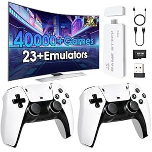 2025New Wireless Retro Game Console,40000+Games and 23 Emulators，Plug and play 4K HD HDMI TV Game Stick，with Dual 2.4G Wireless Controllers(128G) White