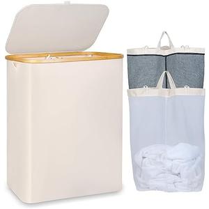 iEGrow 150L Laundry Basket with Lid, Large Laundry Hamper with Bamboo Handle, Collapsible Dirty Clothes Hamper Organizer with Removable Inner Bag for Clothes Toys Towels - Beige