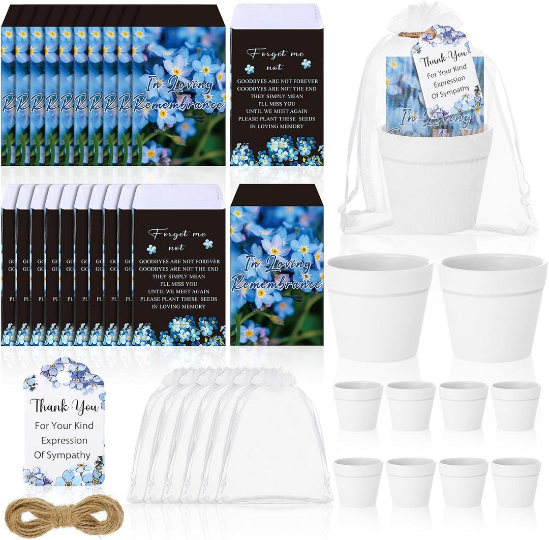Ctosree 50 Sets Forget Me Not Seeds Packets Funeral Favors Celebration of Life with Flowerpot Thank You Tags Organza Bags for Funeral Memorial Loss of Loved One(Seeds Not Include)
