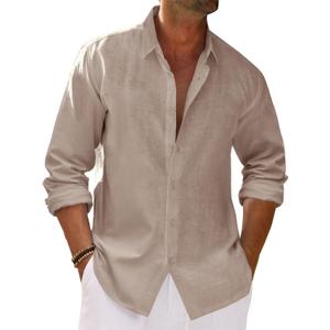 Runcati Mens Button Down Shirt Cotton Linen Casual Long Sleeve Shirts Collared Hippie Beach Tops (Medium, Khaki)