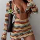 SHENHE Women's 3 Piece Striped Swimsuits Crochet Triangle String Bikini Set with Cover Up Dress (M)