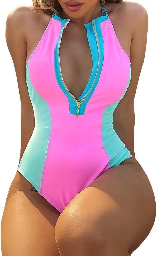 ODASDO Women One Piece Swimsuit Tummy Control Halter Neck Zip Front Monokini Color Block Rash Guard Swimwear Bathing Suit (Small, Pink)