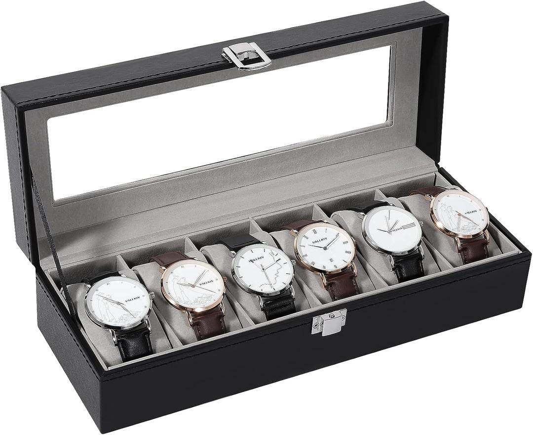 Uten Watch Boxes 6 Slots, Watch Display Storage Box PU Jewelry Collection Case Organiser Holder (Black + Grey)