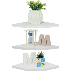Joiishom Corner Wall Shelf Set of 3, Floating Corner Shelves, Rustic Wood Wall Storage Display Shelves for Living Room Bedroom Bathroom Kitchen (Fanshaped-White)