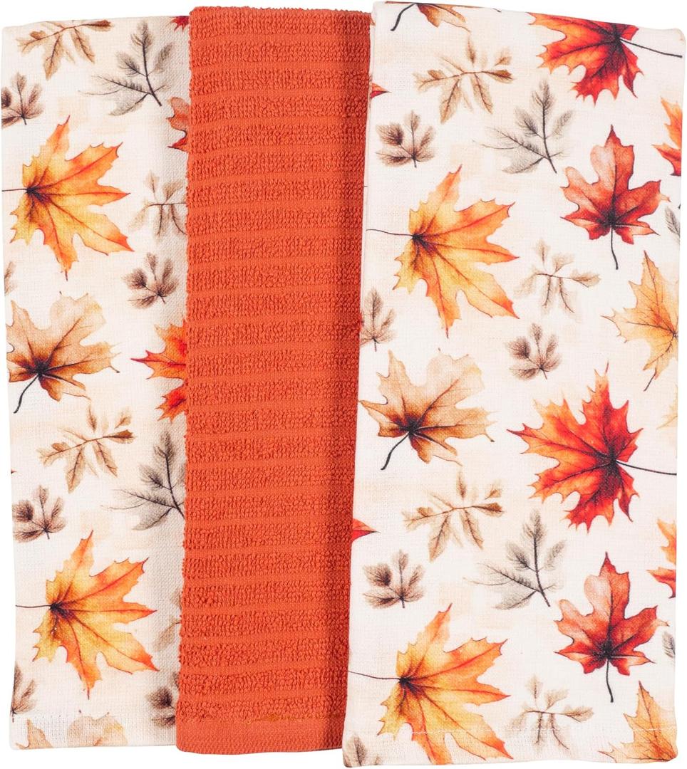 KAF Home Set of 3 Reverse Terry Print Kitchen Towels, Over-Sized 18 x 28-inch, 100 Percent Cotton (Vintage Leaves)
