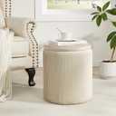 Royal Windsor Round Ottoman with Storage Set of 2,Vanity Stool with Storage for Bedroom, Ottoman Coffee Table,Small Velvet Foot Stool for Living Room, Beige, 14.8"D x 14.8"W x 17.3"H