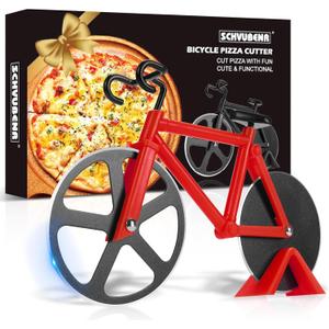 Bicycle Pizza Cutter Wheel - Gifts for Cyclists, Men, Dad, Bike Lovers - Funny Kitchen Gadgets - Cool Fathers Day, Christmas, Birthday, White Elephant Gifts - Stainless Steel Pizza Slicer (Red)