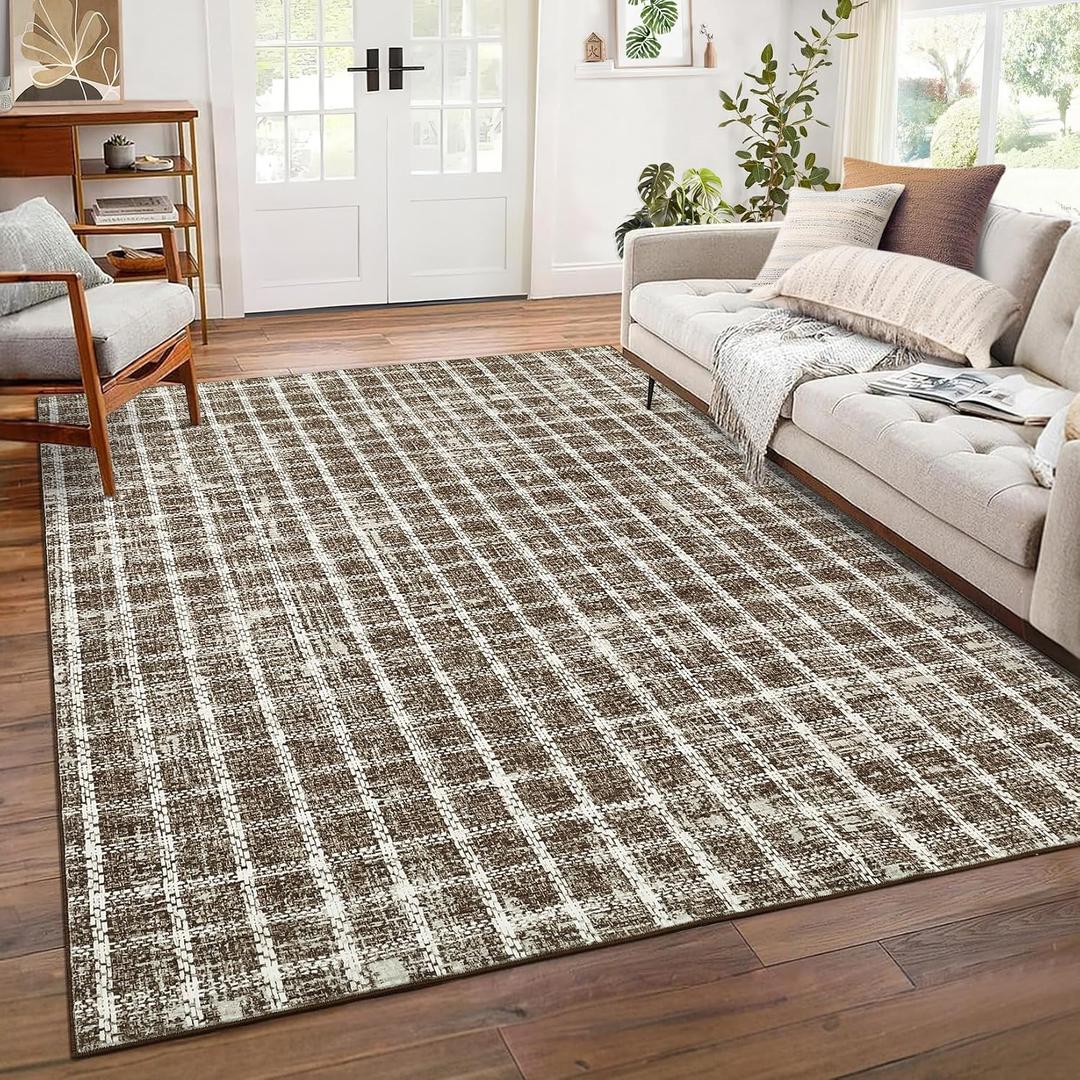 ROYHOME Checkered 8x10 Rug for Living Room Tan Brown Braided Geometric Print Soft Low-Pile Thin Large Washable Rugs for Bedroom for Dining Room
