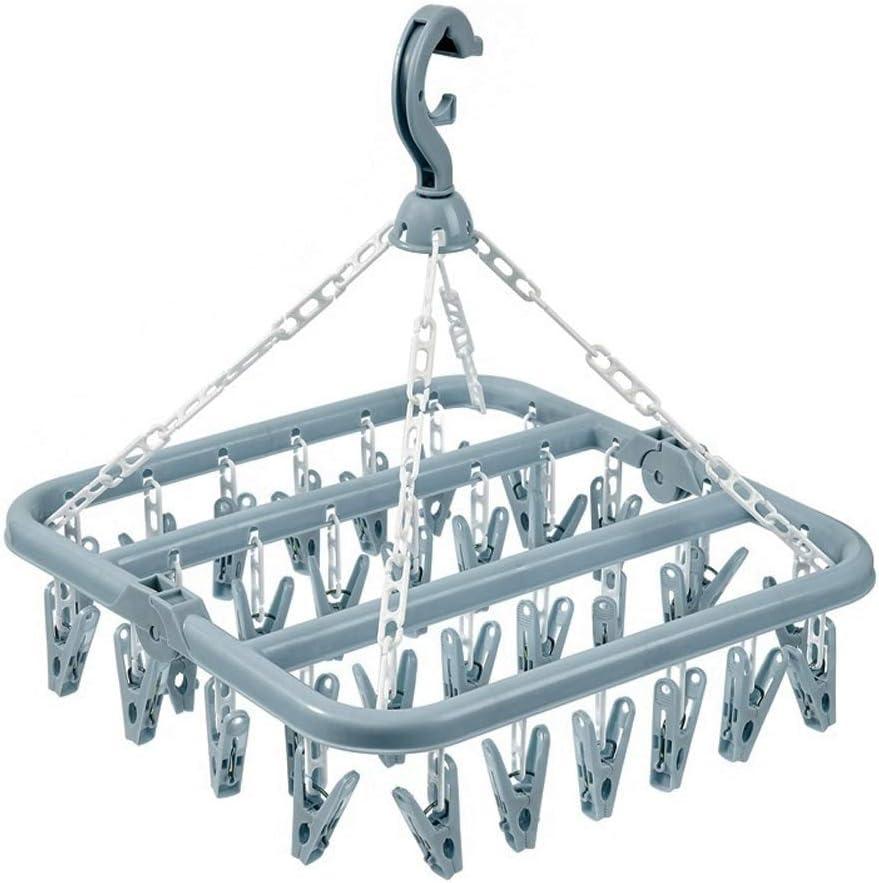 Clothes Drying Hanger with 32 Clips and Drip Foldable Hanging Rack (Light Blue)