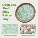 Round Rattan Tray with Mother of Pearl Inlay, Wicker Serving Tray Mother for Decor, Rattan Round Wicker Coffee Table Tray for Coffe Friut Bread, Green Leaf