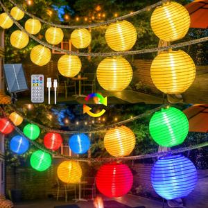 StarryEver Solar Lantern String Lights Waterproof Outdoor, 40ft 40Led Warm White & Multi-Color Garden Lights Hanging Hemp Rope Nylon Lanterns with Remote, Timer for Yard, Balcony, Fences, Porch