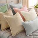decorUhome Summer Corduroy Cream White Euro Sham Throw Pillow Covers 24x24 Set of 2 Decorative Soft Boho Farmhouse Couch Pillow Covers for Living Room Bed Sofa Broadside Striped Pillow Cases