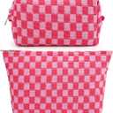 SOIDRAM 2 Pieces Makeup Bag Large Checkered Cosmetic Bag Capacity Canvas Mix Travel Toiletry Bag Organizer Cute Makeup Brushes Aesthetic Accessories Storage Bag for Women, Checkered Mix Rose Red