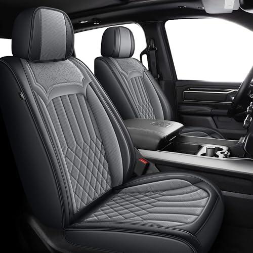 IKABEVEM Seat Covers Fit for Dodge RAM 1500 2002-2024 2025 2026: Custom Fit RAM 1500 2500 3500 Car Seat Cover Truck Pickup Crew Double Quad Cab Faux Leather(Curved Bench, Front Pair, Black&Grey)