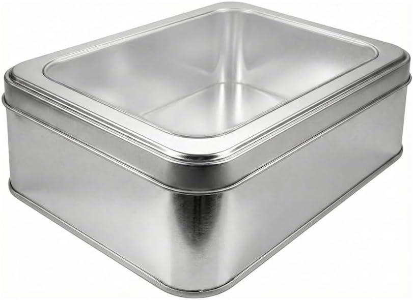 hadaaya Silver Rectangular Tin Container With Clear Lid, Single Piece Multipurpose Tin, Valentines Day Gifting Tin Box for Gift Giving, Cookies, Stationery & More - 7.25 x 5.25 x 2.25 Inches (1 Pack)