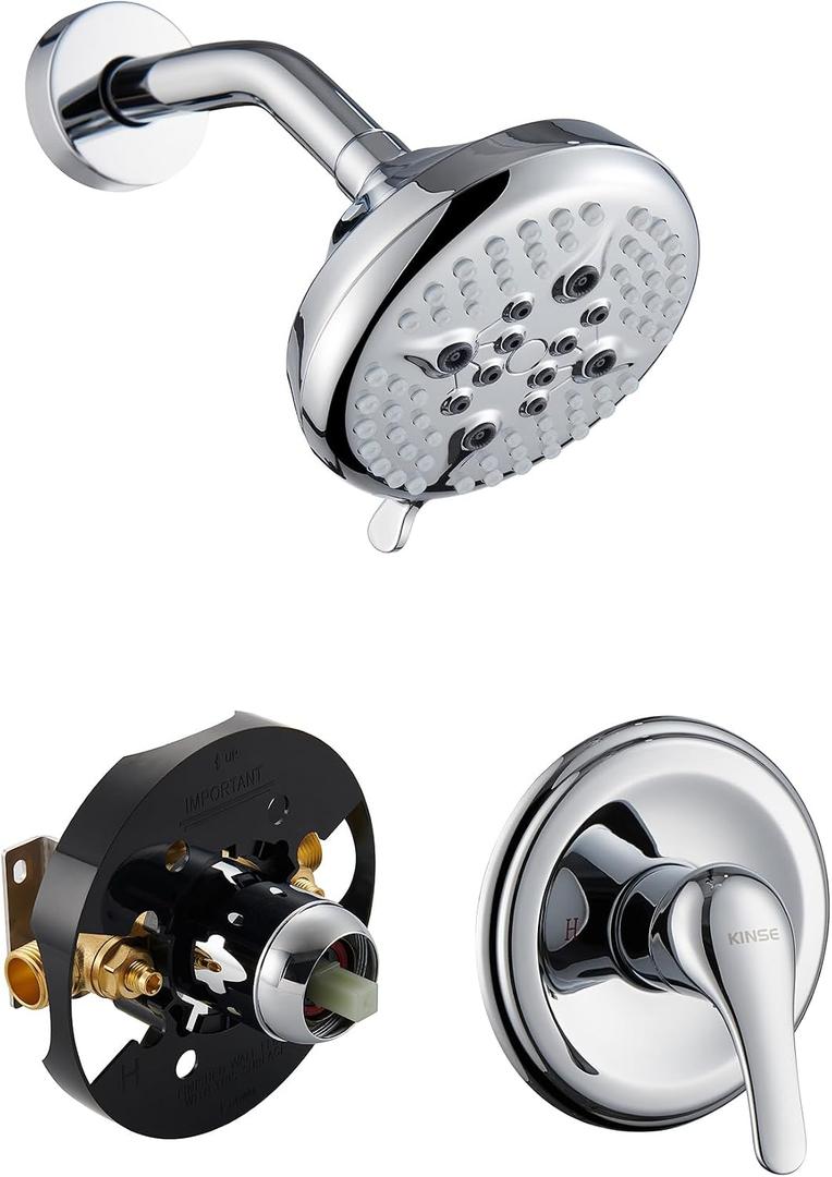KINSE 5- Inches Shower head, Shower Faucet Set, shower kit with valve and shower headBrass valve and stainless steel kitsWithout tub spout (Chrome)