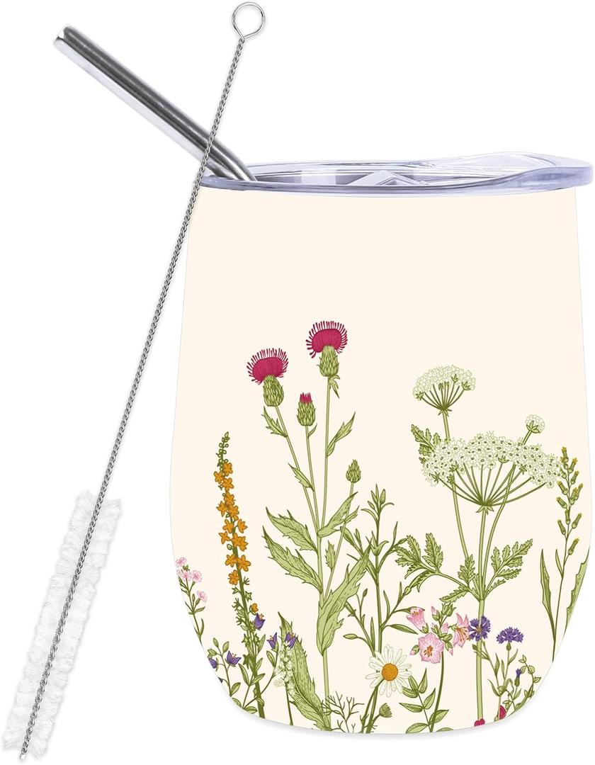 Whaline Summer Floral Stainless Steel Wine Tumbler with Straw and Lid Green Colorful Wildflower Coffee Mug Spring Insulated Wine Tumbler for Hot and Cold Drinks