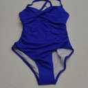 B2prity Women's One Piece Swimsuits Tummy Control Front Cross Bathing Suits Tie Back Slimming V Neck Swimwear (Blue Solid Color) Small