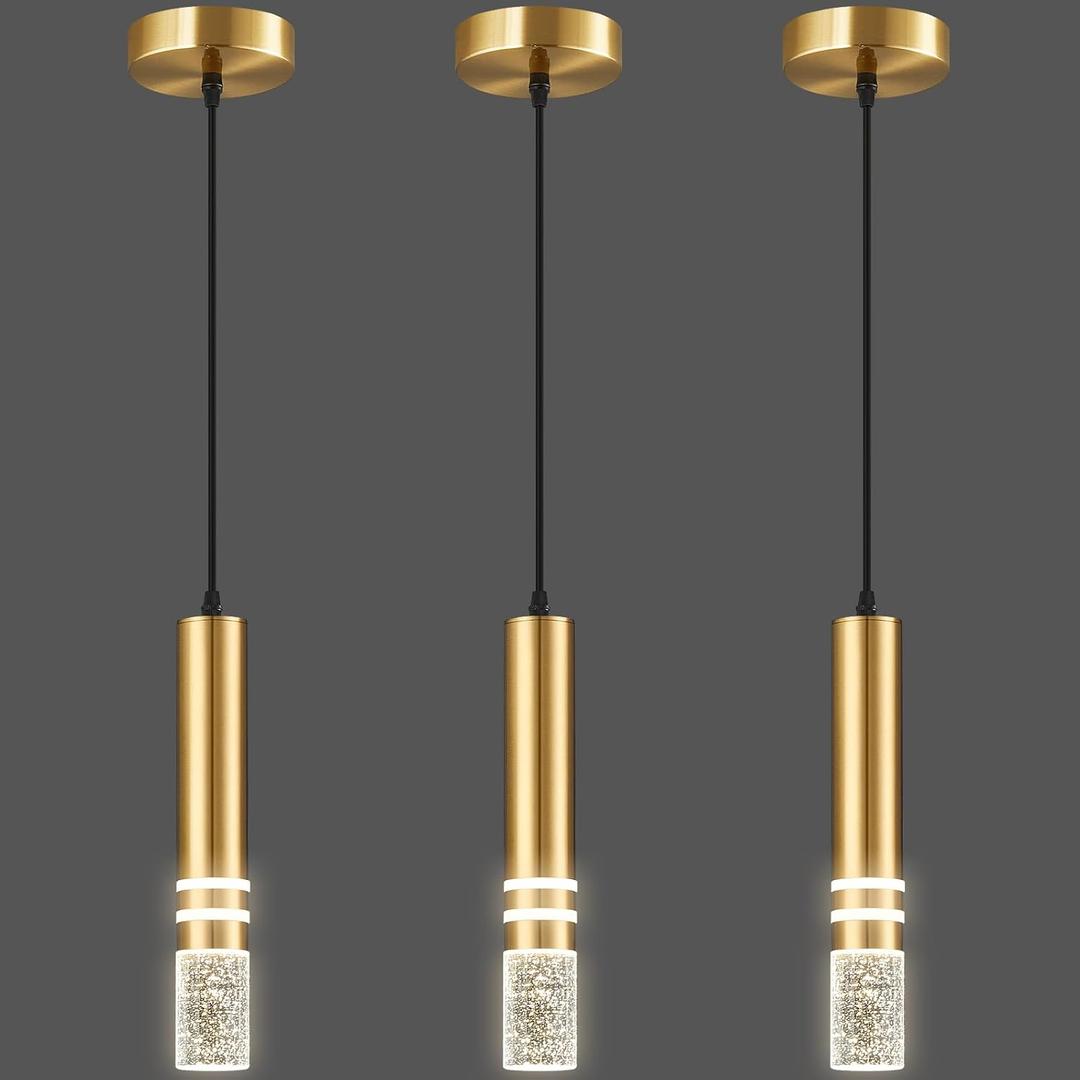 Pendant Lights Kitchen Island, Crystal Pendant Light Fixtures Mini 6W LED Modern Kitchen Pendant Lighting Over Sink and Living Room and Bedroom (Gold 3 Pack)